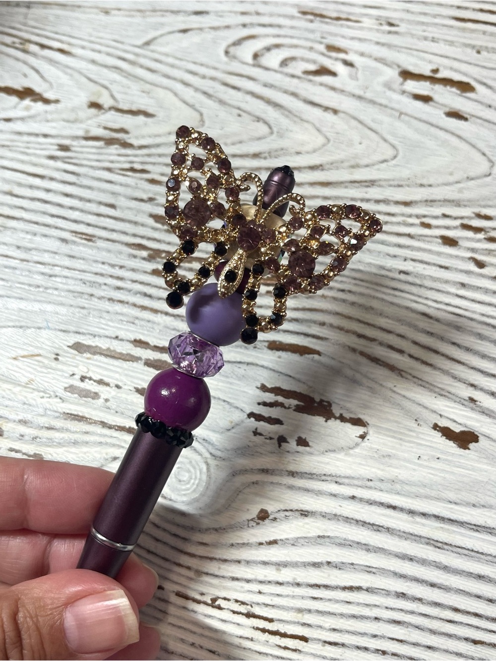 Purple Butterfly Beaded Ballpoint Pen - Purple